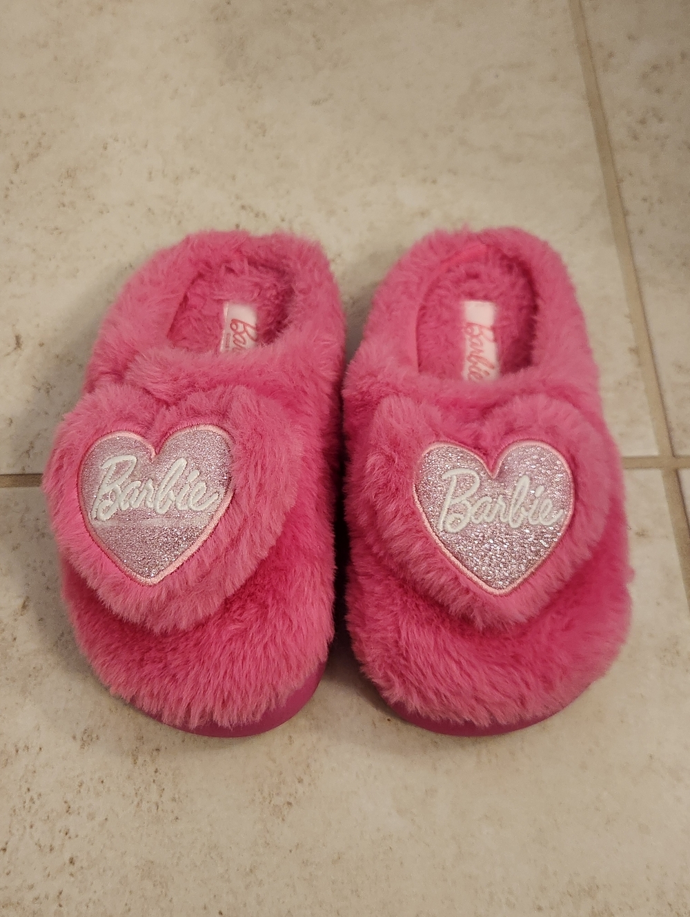 Hot Pink Fuzzy Barbie Slippers Hearts Girls Youth Size 13/1